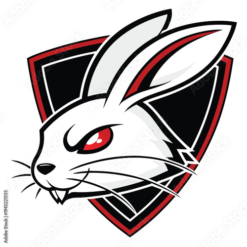 Vector illustration of aggressive white rabbit head e-sports logo with red eyes on shield vector