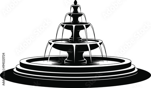 A black and white of a multi-tiered fountain with water streams and circular base tiers