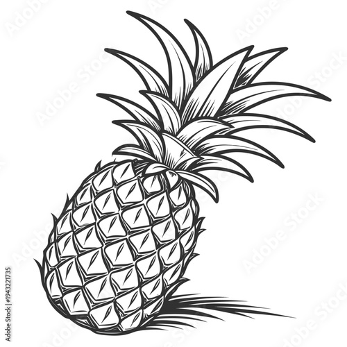 Vector illustration of single ripe pineapple tropical fruit in hand drawn outline style