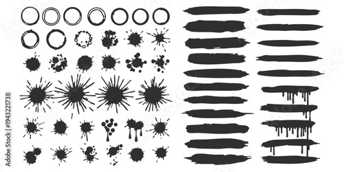 Collection of black ink splatters, circles, and brush strokes on a white background for design.