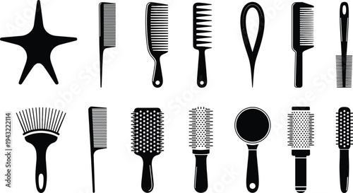 Collection of black and white hairbrushes and combs with a star shape