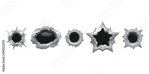 Set of five realistic metallic bullet hole illustrations with jagged edges on a white background