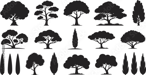 Collection of black silhouette of various trees and plants on a white background