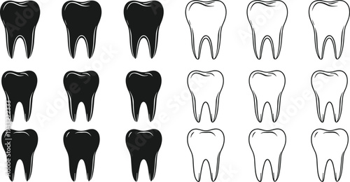 Set of molar tooth icons with solid black and outline versions for dental health care, stomatology symbols, and oral hygiene infographics.