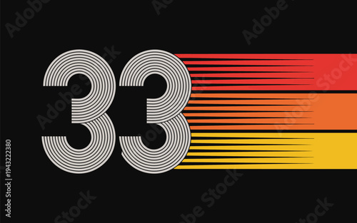 Dynamic number thirty three showing speeding striped lines in vintage red, orange, and yellow colors