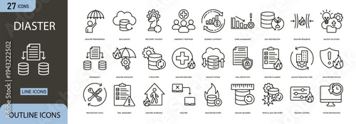 Disaster icons set representing emergency response, natural hazards, rescue operations, warning signs and crisis management situations.
