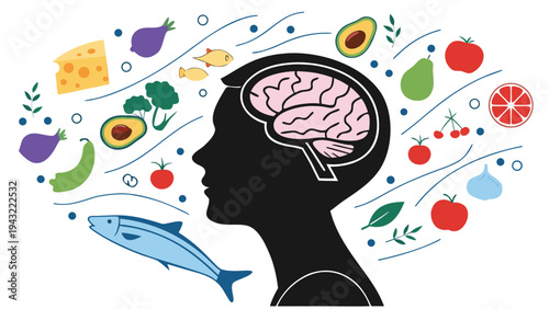 Vector illustration of human head silhouette with brain and healthy food for mind-body nutrition