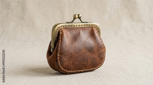 Vintage brown leather coin purse with an antique brass clasp on a neutral background