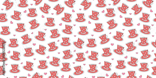 Cup, saucer, seamless pattern, background. Drink, coffee, tea. Tea party. Hearts, teaware. Drawing, doodle, tea party. Vector graphics.