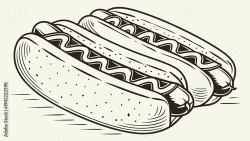 Vector illustration of three classic hot dogs in buns with mustard black and white line art illustration