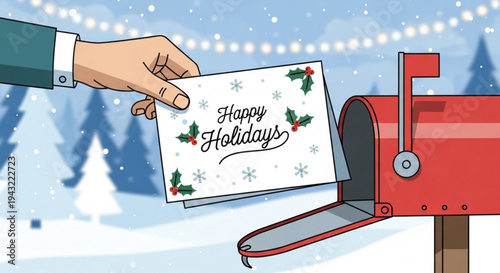 Hand putting happy holidays card into red mailbox on snowy winter background with christmas trees and lights