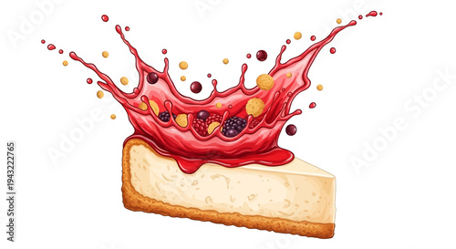 A slice of cheesecake with a vibrant splash of berry sauce on top, surrounded by splashes of colorful juice droplets.