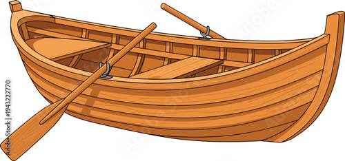 Wooden rowing boat with oars traditional water transport vessel marine flat vector illustration isolated on white background