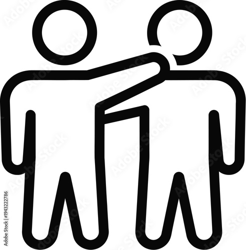 Two outlined human figures stand side-by-side with one figure placing an arm around the shoulder of the other person.