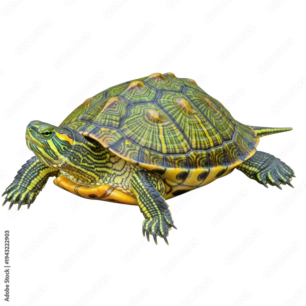 Obraz premium Slider turtle with green and yellow shell isolated on a transparent background