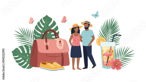 Illustration of an African couple ready for a tropical vacation with their travel bag, a cocktail, and lush monstera leaves.