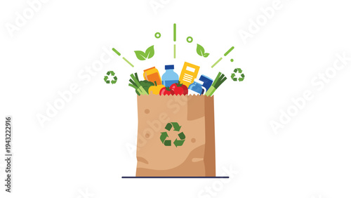 Brown paper bag with a recycle symbol overflowing with fresh groceries, water, and juice, with green leaves and icons above.