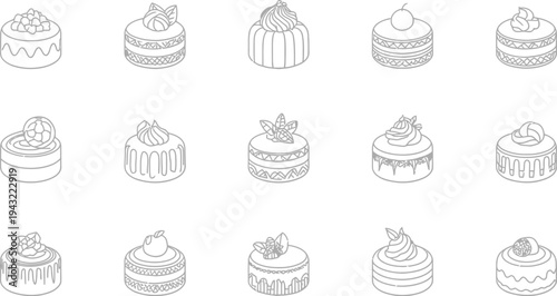 Pastry icons set with cakes cupcakes and desserts featuring whipped cream fruit chocolate toppings in monochrome vector design