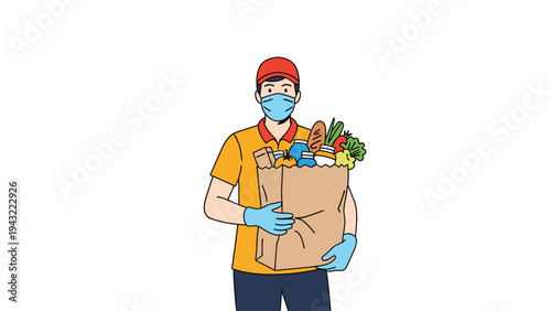 Professional courier wearing a protective medical face mask and blue gloves carries a large paper bag full of fresh groceries and vegetables.