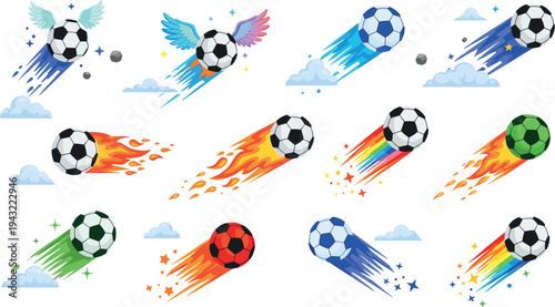 Flying soccer ball collection with fire rainbow wings and motion trails dynamic football vector illustration set