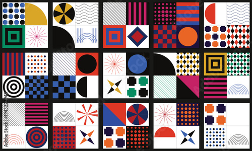 Abstract Geometric Pattern Set Vector with Modern Bauhaus Style Shapes and Vibrant Colors for Creative Design Backgrounds