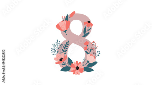 Elegant number eight decorated with various pink flowers and green leaves creating a beautiful floral numeral for anniversary or holiday use.