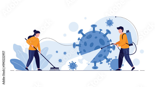 Team of professional cleaners in uniforms spraying disinfectant and sweeping to sanitize an area from viruses and bacteria during a pandemic.