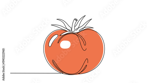 Continuous one line drawing of a fresh tomato with a bright red splash of color for a minimalist and modern food illustration concept design.