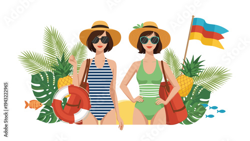 Two fashionable women in swimsuits standing with tropical palm leaves, pineapples, a lifebuoy, and a flag for a summer beach party theme.