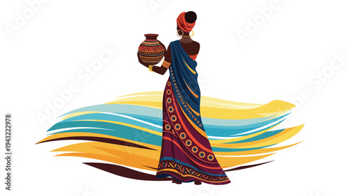 Back view of an African woman in a colorful patterned dress carrying an earthen pot on her shoulder against a wavy sunset abstract background.