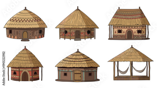Diverse set of traditional African dwellings including round thatched huts with patterned walls and a gazebo with a comfortable hammock.