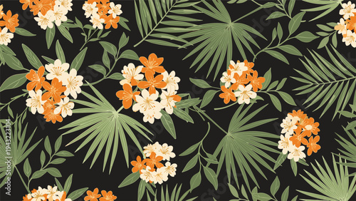 Seamless tropical pattern featuring orange and white flowers mixed with green palm leaves on a solid dark black background.