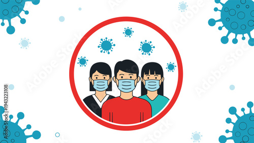 Group of people wearing blue medical face masks inside a red circle, surrounded by floating virus icons on a white ground.