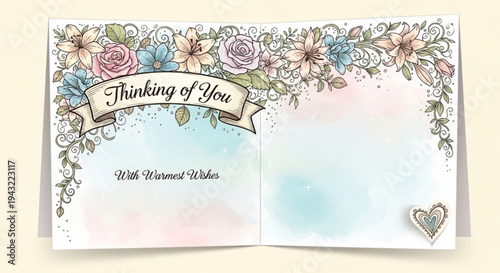 Open greeting card with floral design and thinking of you message on beige background