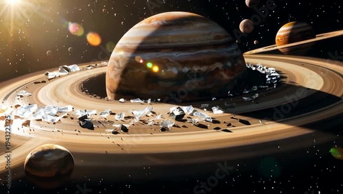 Majestic Saturn-Like Planet with Icy Rings and Multiple Moons in Starry Space
