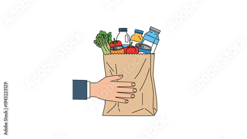 Close-up illustration of a hand reaching out to hold a brown paper grocery bag filled with various food and drink items.