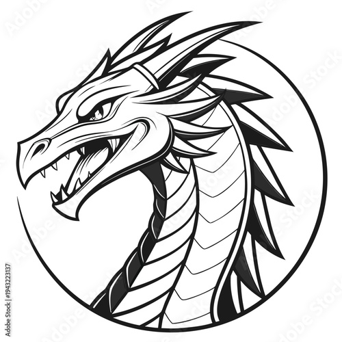 Vector illustration of ferocious dragon head logo in black and white outline for fantasy designs