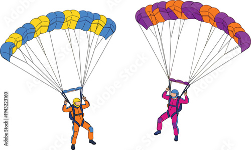 Skydiving parachutists with colorful parachutes extreme sport adventure activity flat vector illustration set isolated