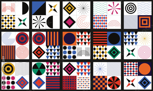 Abstract Geometric Pattern Collection Vector with Bauhaus Style Shapes and Modern Design Elements for Backgrounds, Branding, and Web Graphics
