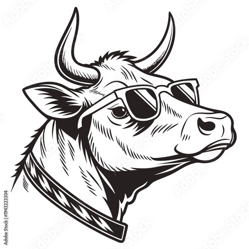 Vector illustration of cool cow head wearing sunglasses black and white vector illustration
