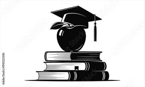 Black and white illustration of graduation cap on books and apple for education