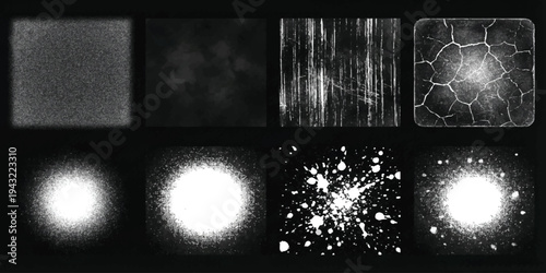 Set of eight monochrome abstract brushes and textures for digital art and graphic design projects.