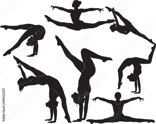 Collection of black silhouette female acrobats and gymnasts in advanced flexibility poses, splits, backbends, handstands, contortion and leaps vector illustration, isolated on white 
