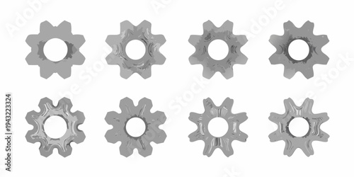 Eight metallic gears arranged in a grid on a white background