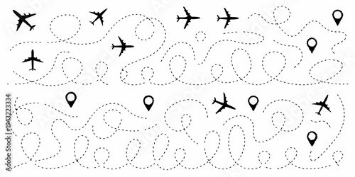 Airplanes and flight paths illustrated with dotted lines and location pins
