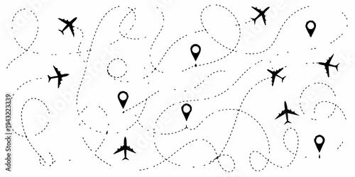 Black and white illustration of airplanes and location pins with dotted trails