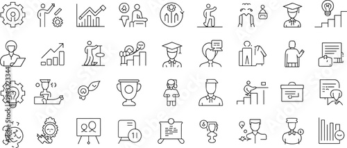Line of people in various and educational settings with of gears, charts, awards, and tools line people