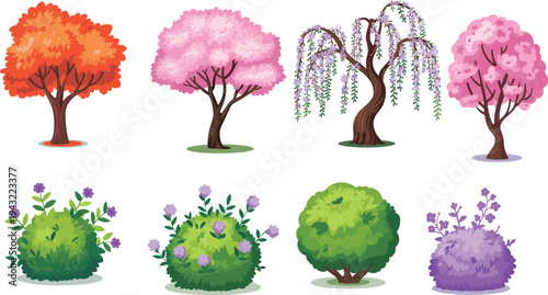 Colorful trees and flowering bushes in a garden setting with vibrant foliage and blossoms flowers