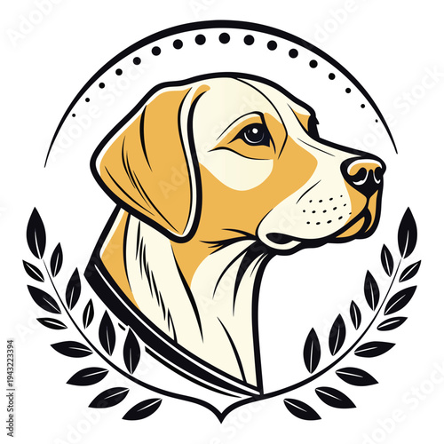 Vector illustration of labrador retriever dog head logo with laurel wreath, pet care emblem