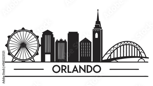 Vector illustration of orlando city skyline silhouette illustration with famous landmarks and text